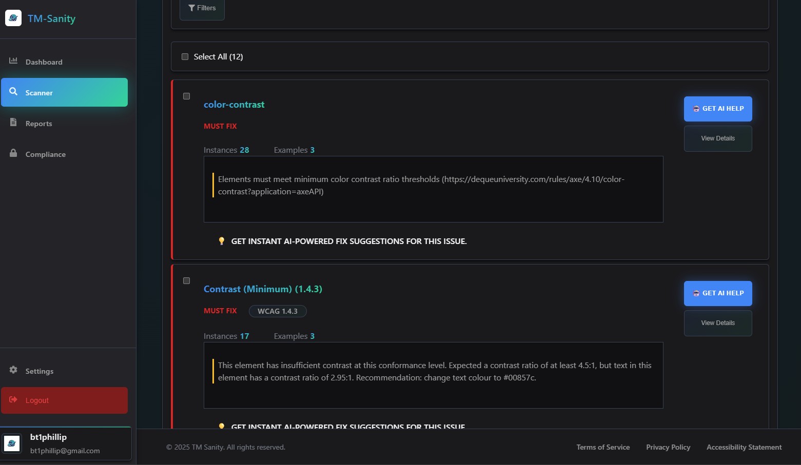 TM-Sanity accessibility compliance dashboard showing WCAG testing results and fix recommendations.