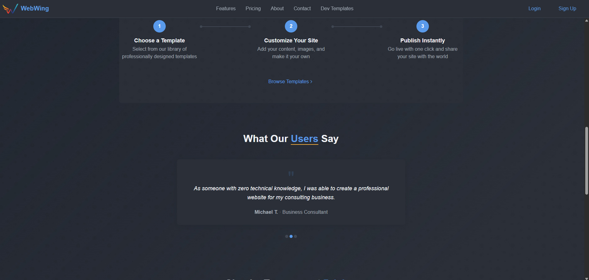 WebWing website builder platform showing drag-and-drop interface and hosting capabilities.